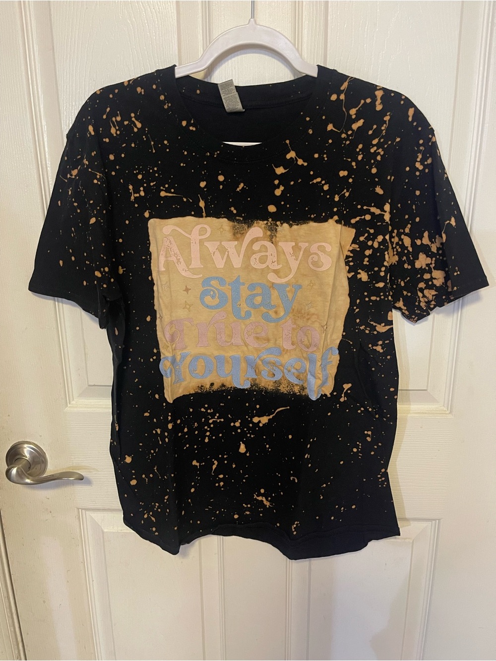 Graphic Women’s Tee - Black with Tan Bleach Splatter